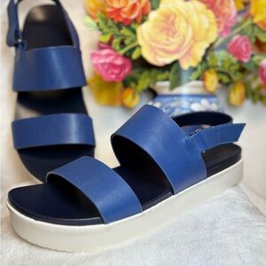 H by Halston Navy Blue Leather Slingback Platform Sandals Women's 8.5M